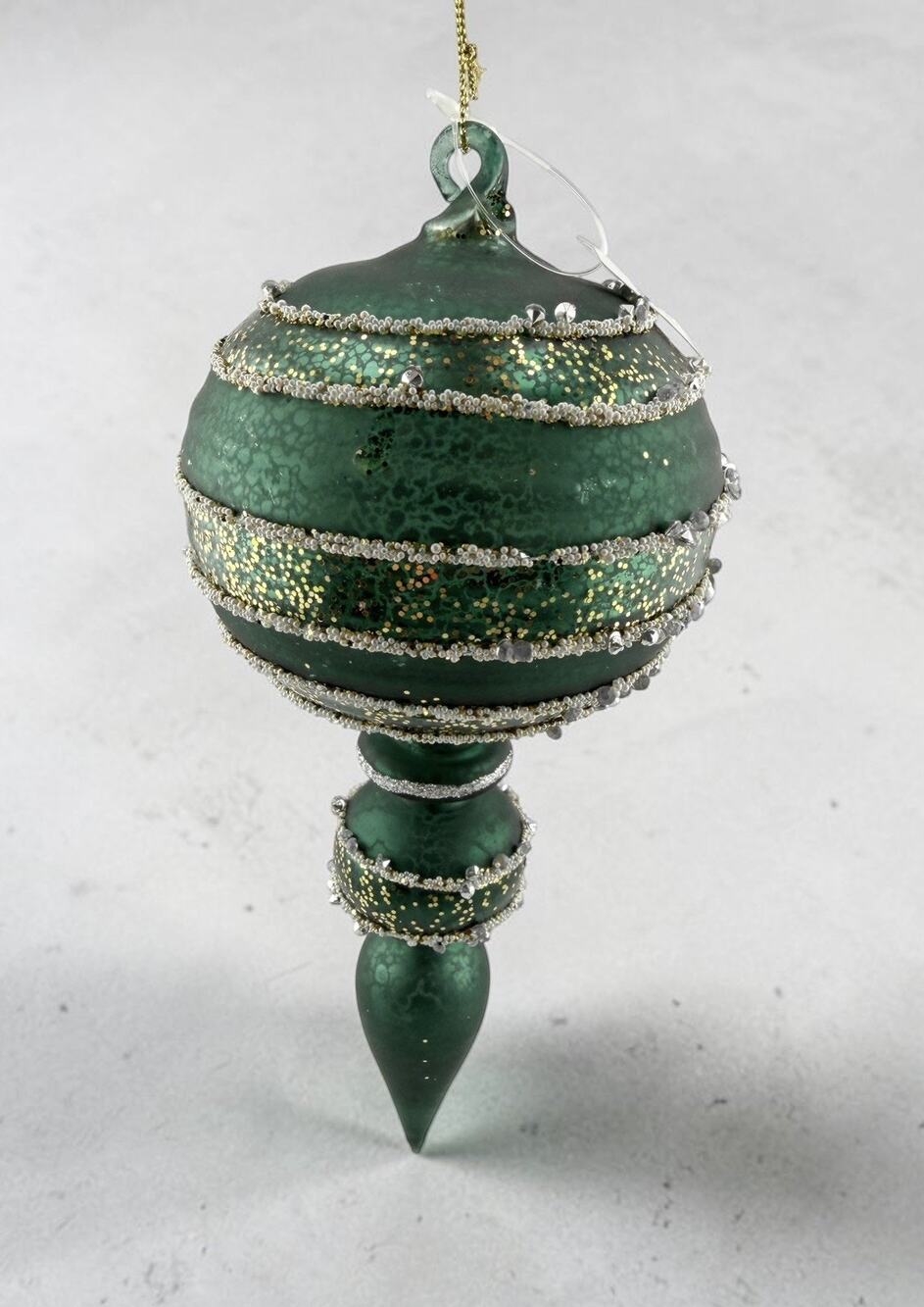 Green Glass w/ Silver/Gold Accents Teardrop Ornament NWT Dillards 9.8" Long